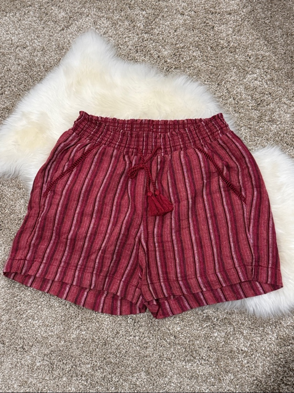Briggs Red Striped Smocked Elastic Waist Tassel Linen Blend Shorts Size S